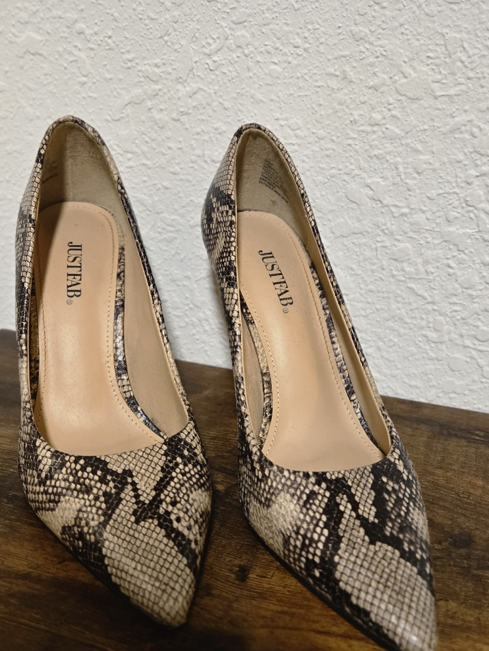JustFab Snake-Print Pointed Toe Pumps in Beige and Black